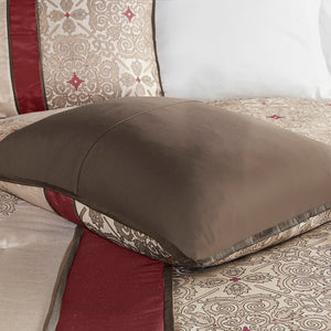 English Elm Queen Donovan Red Jacquard 7-Piece Comforter Set with Embroidered Taupe Accents, Shams & Pillows B03597220