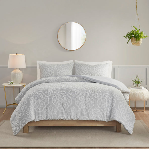 English Elm King/Cal Tufted Woven Medallion Duvet Cover Set - Shabby Chic Farmhouse Grey, Button Closure, 3pc B035129154