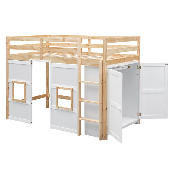English Elm Wood Twin Loft Bed with Built-In Wardrobe, Play Space Below, Sturdy Pine & MDF Frame, Safe Design Natural+White GX000443AAK