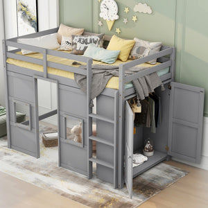 English Elm Wood Twin Loft Bed with Built-In Wardrobe, Play Space Below, Sturdy Pine & MDF Frame, Safe Design Gray GX000443AAE
