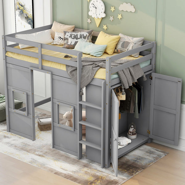 English Elm Wood Twin Loft Bed with Built-In Wardrobe, Play Space Below, Sturdy Pine & MDF Frame, Safe Design Gray GX000443AAE