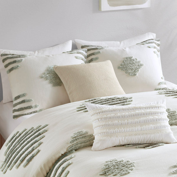 English Elm King/Cal Green+Ivory 3-Piece Cotton Blend Chenille Duvet Cover Set – Tufted Texture, OEKO-TEX Safe, Button Closure B035P148277