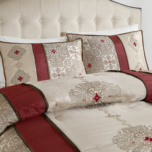 English Elm King Donovan 7-Piece Red Jacquard Comforter Set with Embroidered Taupe Accents, Pillows & Bedskirt B03597222