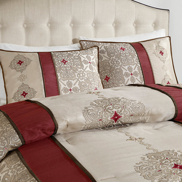 English Elm King Donovan 7-Piece Red Jacquard Comforter Set with Embroidered Taupe Accents, Pillows & Bedskirt B03597222