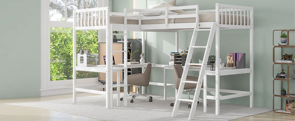 English Elm Wood Twin Loft Bed with Ladders and Dual Built-In L-Shaped Desks for Study & Sleepovers Perfect for Family Retreats White GX000444AAK