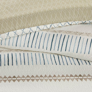 English Elm 5 Piece Printed Seersucker Comforter Set with Tassel Pillows, Reversible Antimicrobial Farmhouse Chic Taupe+Blue 18.11 L x 23.23 W x 10.63 H B035128860