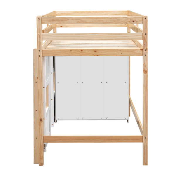 English Elm Wood Twin Loft Bed with Built-In Wardrobe, Play Space Below, Sturdy Pine & MDF Frame, Safe Design Natural+White GX000443AAK