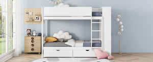 English Elm Twin Over Kids Bunk Bed Pinewood Frame with Built-in Drawers and Cabinet Storage White LT000768AAK