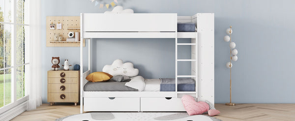 English Elm Twin Over Kids Bunk Bed Pinewood Frame with Built-in Drawers and Cabinet Storage White LT000768AAK