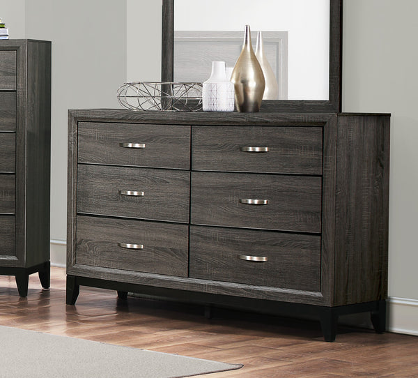 English Elm Contemporary Dresser 6-Drawer 58" Gray Wood Grain Melamine Veneer Polished Hardware Modern Look B011P144751