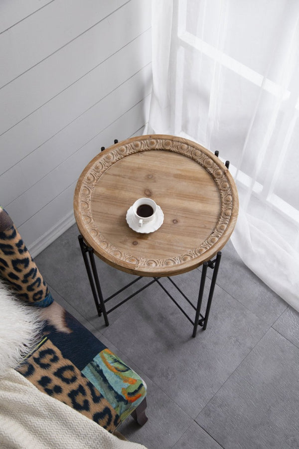 English Elm 21.5" Round Fir Wood Top Side Table with Black Iron Pin Legs for Any Room W2078P144748