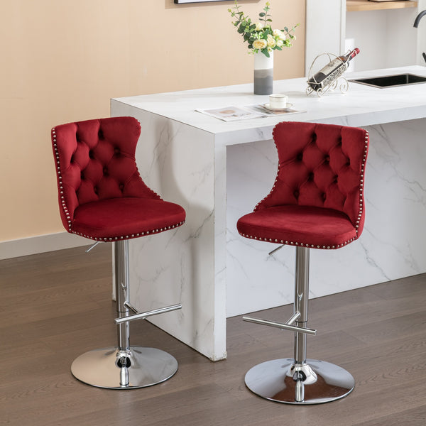 English Elm Swivel Velvet Barstools with Tufted Back and Chrome Base, Adjustable 25-33" Height, 360° Comfort Burgundy W1143124782