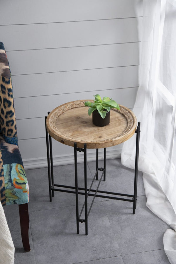English Elm 21.5" Round Fir Wood Top Side Table with Black Iron Pin Legs for Any Room W2078P144748
