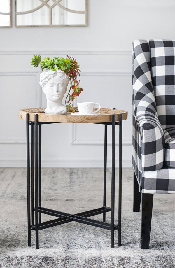English Elm 21.5" Round Fir Wood Top Side Table with Black Iron Pin Legs for Any Room W2078P144748