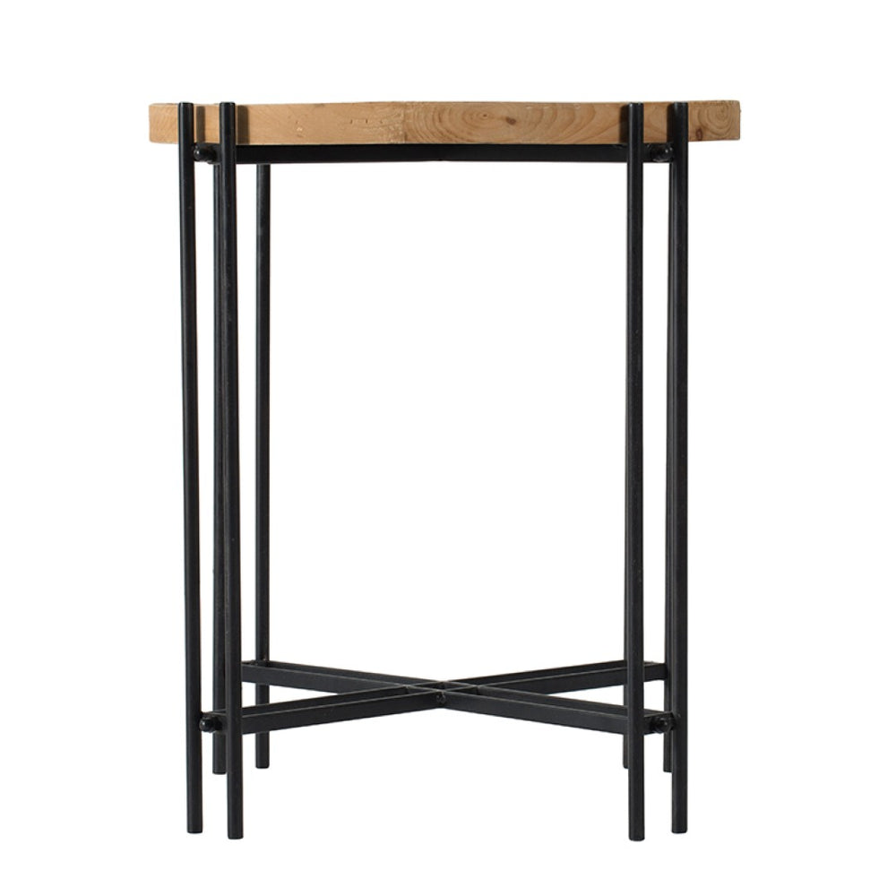 English Elm 21.5" Round Fir Wood Top Side Table with Black Iron Pin Legs for Any Room W2078P144748