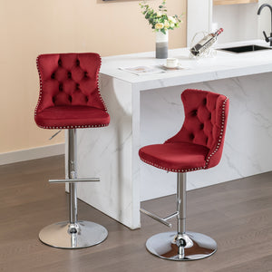 English Elm Swivel Velvet Barstools Adjustable 25–33" Seat Height, Tufted Back, Chrome Base, Modern Pub Comfort Burgundy W1143124782