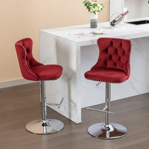English Elm Swivel Velvet Barstools with Tufted Back and Chrome Base, Adjustable 25-33" Height, 360° Comfort Burgundy W1143124782