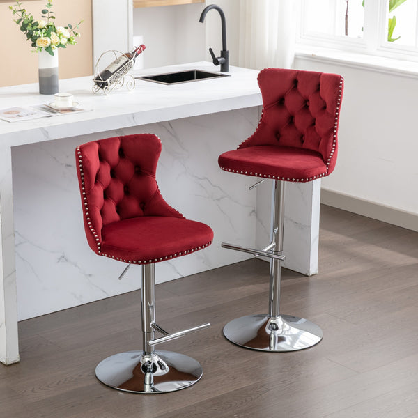 English Elm Swivel Velvet Barstools Adjustable 25–33" Seat Height, Tufted Back, Chrome Base, Modern Pub Comfort Burgundy W1143124782