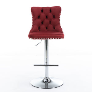 English Elm Swivel Velvet Barstools with Tufted Back and Chrome Base, Adjustable 25-33" Height, 360° Comfort Burgundy W1143124782