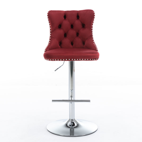 English Elm Swivel Velvet Barstools with Tufted Back and Chrome Base, Adjustable 25-33" Height, 360° Comfort Burgundy W1143124782