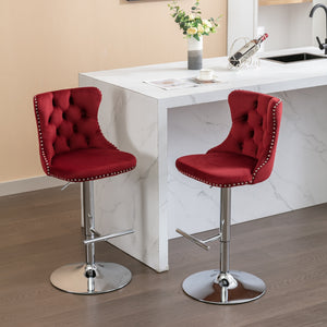 English Elm Swivel Velvet Barstools with Tufted Back and Chrome Base, Adjustable 25-33" Height, 360° Comfort Burgundy W1143124782