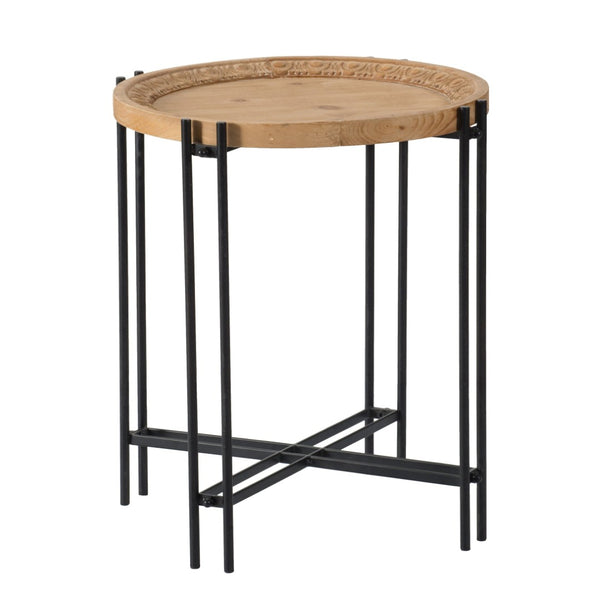 English Elm 21.5" Round Fir Wood Top Side Table with Black Iron Pin Legs for Any Room W2078P144748