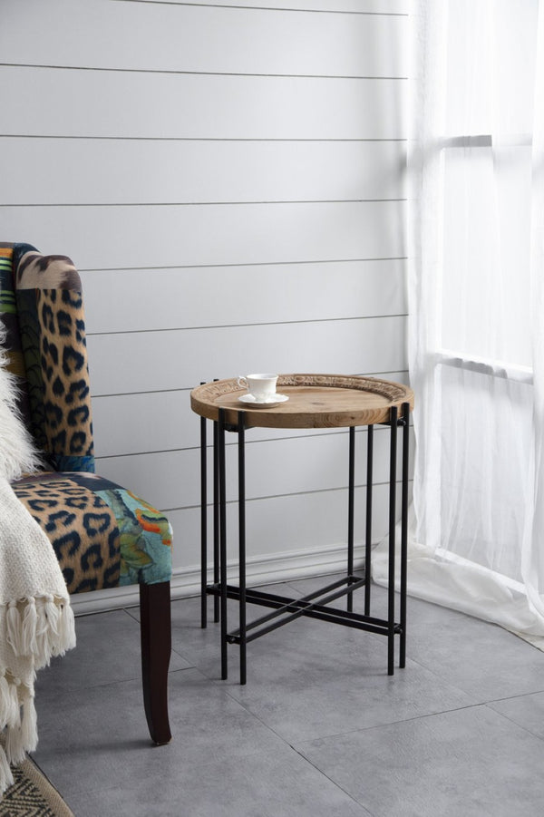 English Elm 21.5" Round Fir Wood Top Side Table with Black Iron Pin Legs for Any Room W2078P144748