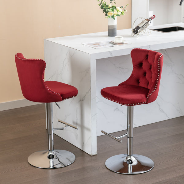 English Elm Swivel Velvet Barstools with Tufted Back and Chrome Base, Adjustable 25-33" Height, 360° Comfort Burgundy W1143124782