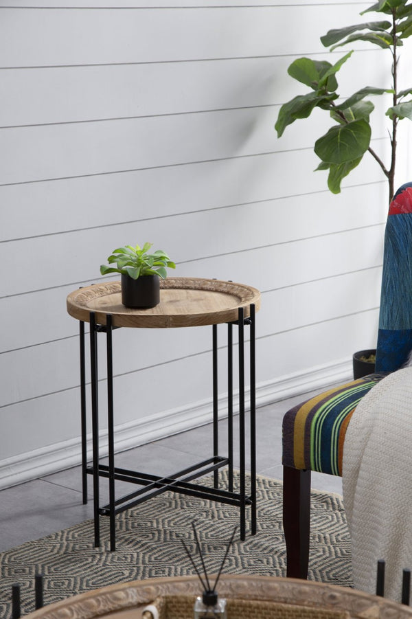 English Elm 21.5" Round Fir Wood Top Side Table with Black Iron Pin Legs for Any Room W2078P144748