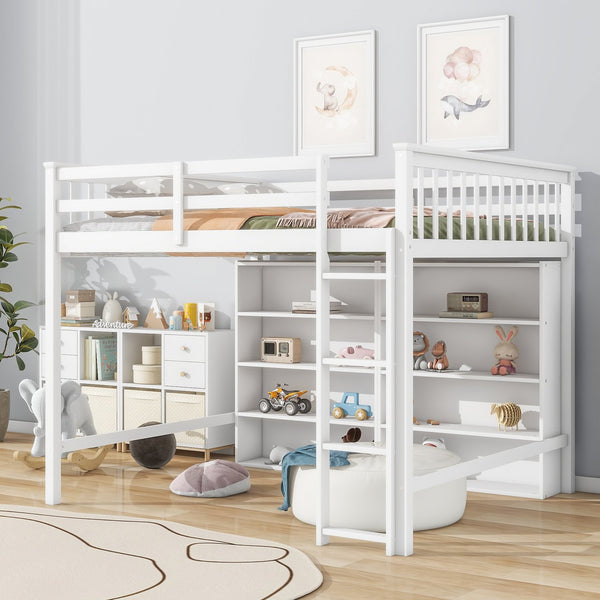 English Elm Full Loft Bed with Built-In Ladder and 8 Open Shelves, Space-Saving Full Pine Wood Study Loft White GX001034AAK
