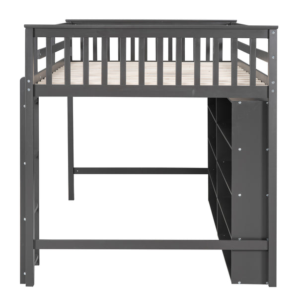 English Elm Full Loft Bed with Built-In Ladder and 8 Open Shelves, Space-Saving Full Pine Wood Study Loft Gray GX001034AAE