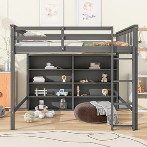 English Elm Full Loft Bed with Built-In Ladder and 8 Open Shelves, Space-Saving Full Pine Wood Study Loft Gray GX001034AAE