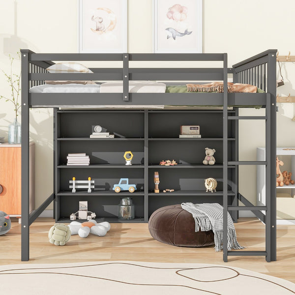 English Elm Full Loft Bed with Built-In Ladder and 8 Open Shelves, Space-Saving Full Pine Wood Study Loft Gray GX001034AAE