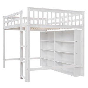 English Elm Full Loft Bed with Built-In Ladder and 8 Open Shelves, Space-Saving Full Pine Wood Study Loft White GX001034AAK