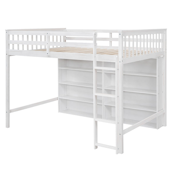 English Elm Full Loft Bed with Built-In Ladder and 8 Open Shelves, Space-Saving Full Pine Wood Study Loft White GX001034AAK