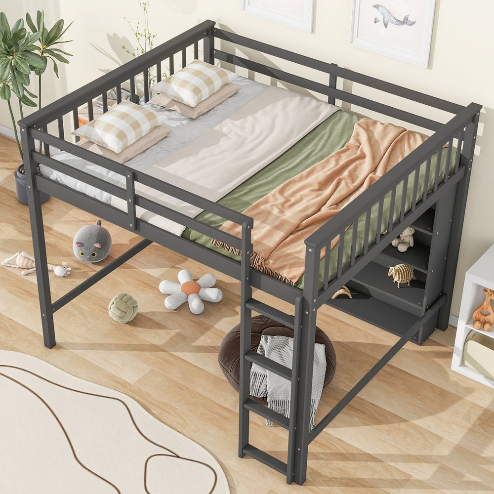 English Elm Full Loft Bed with Built-In Ladder and 8 Open Shelves, Space-Saving Full Pine Wood Study Loft Gray GX001034AAE