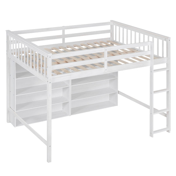 English Elm Full Loft Bed with Built-In Ladder and 8 Open Shelves, Space-Saving Full Pine Wood Study Loft White GX001034AAK