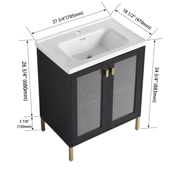 English Elm 28 Inch Freestanding Vanity Plywood with Ceramic Sink, Acrylic Doors, Soft-Close Hinges, Metal Handles W999139423