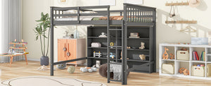 English Elm Full Loft Bed with Built-In Ladder and 8 Open Shelves, Space-Saving Full Pine Wood Study Loft Gray GX001034AAE