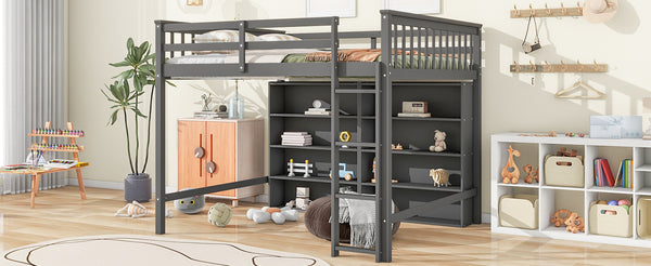 English Elm Full Loft Bed with Built-In Ladder and 8 Open Shelves, Space-Saving Full Pine Wood Study Loft Gray GX001034AAE