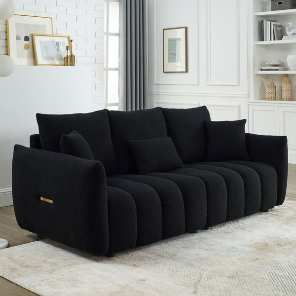 English Elm [video] Mh Plush Teddy Velvet 3-seat Sofa Solid Wood Frame High-resilience Foam Living Room Black W1193S00176