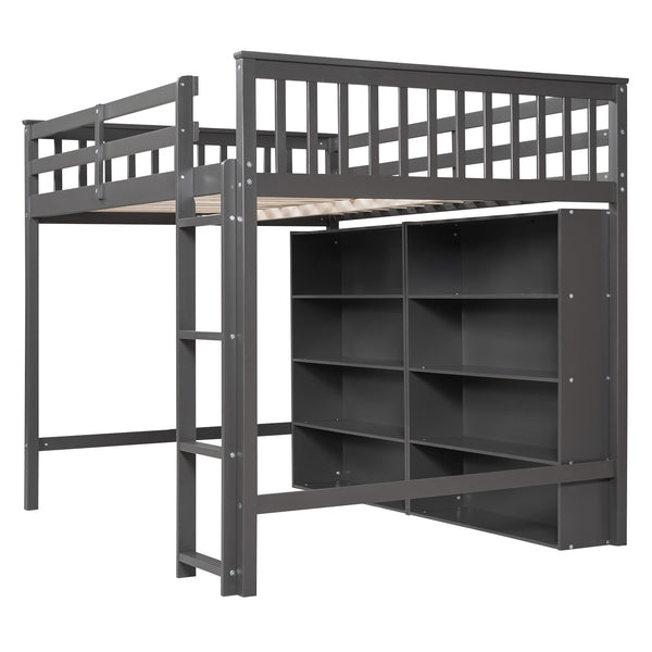 English Elm Full Loft Bed with Built-In Ladder and 8 Open Shelves, Space-Saving Full Pine Wood Study Loft Gray GX001034AAE