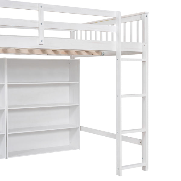 English Elm Full Loft Bed with Built-In Ladder and 8 Open Shelves, Space-Saving Full Pine Wood Study Loft White GX001034AAK