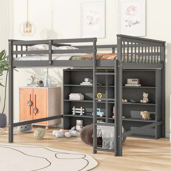 English Elm Full Loft Bed with Built-In Ladder and 8 Open Shelves, Space-Saving Full Pine Wood Study Loft Gray GX001034AAE