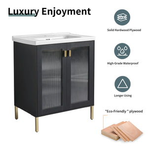 English Elm 28 Inch Freestanding Vanity Plywood with Ceramic Sink, Acrylic Doors, Soft-Close Hinges, Metal Handles W999139423