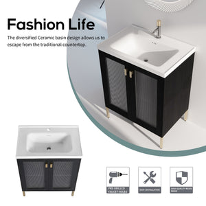 English Elm 28 Inch Freestanding Vanity Plywood with Ceramic Sink, Acrylic Doors, Soft-Close Hinges, Metal Handles W999139423