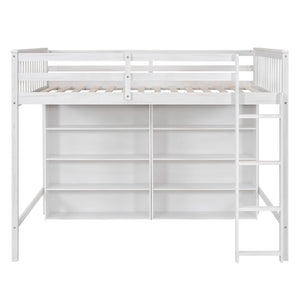 English Elm Full Loft Bed with Built-In Ladder and 8 Open Shelves, Space-Saving Full Pine Wood Study Loft White GX001034AAK