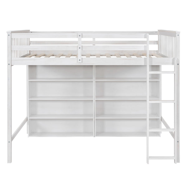 English Elm Full Loft Bed with Built-In Ladder and 8 Open Shelves, Space-Saving Full Pine Wood Study Loft White GX001034AAK