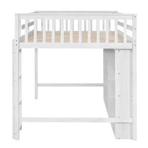 English Elm Full Loft Bed with Built-In Ladder and 8 Open Shelves, Space-Saving Full Pine Wood Study Loft White GX001034AAK