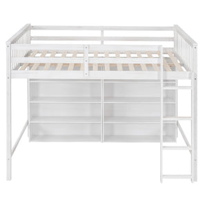 English Elm Full Loft Bed with Built-In Ladder and 8 Open Shelves, Space-Saving Full Pine Wood Study Loft White GX001034AAK